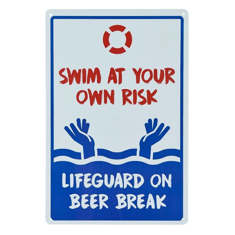 

Pool Sign - No Lifeguard On Duty Swim at Your Own Risk Sign 12 x 10 Red, Blue on White Rust Free metal Sign