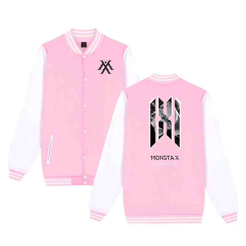Горячая MONSTA X бейсбольная куртка Женская толстовка хлопок флис Розовый Мужская/Женская мода куртка бейсбольная форма размера плюс Новинка