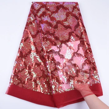 

New Arrival French Mesh Sequins Lace Fabric Red African Dry Lace Fabrics With Sequins Nierian For Wedding Party F1727