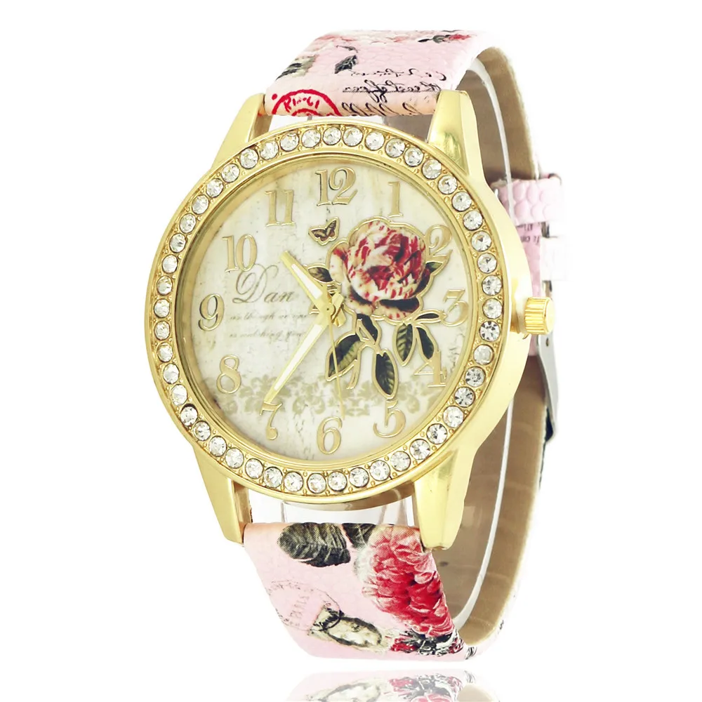 

Large Plate Diamond Set Flower Watch Women's Fashion Printed Leather Belt Quartz Watch Gift Watch Foreign Trade Hot Selling