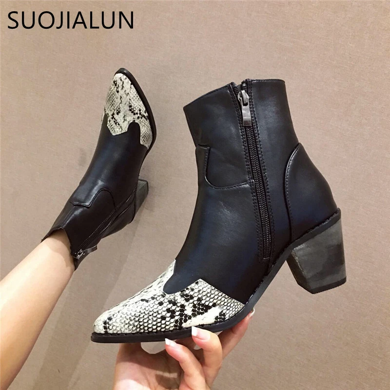 

SUOJIALUN Classic Mixed Colors PU Leather Cowboy Women Ankle Boots Pointed Toe Zip High Heel Booties Snake Print Western Boot
