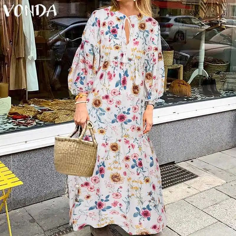 

VONDA Floral Printed Party Dress Bohemian Maternity Sundress Vintage Long Lantern Sleeve Beach Dresses Evening Party Vestidos