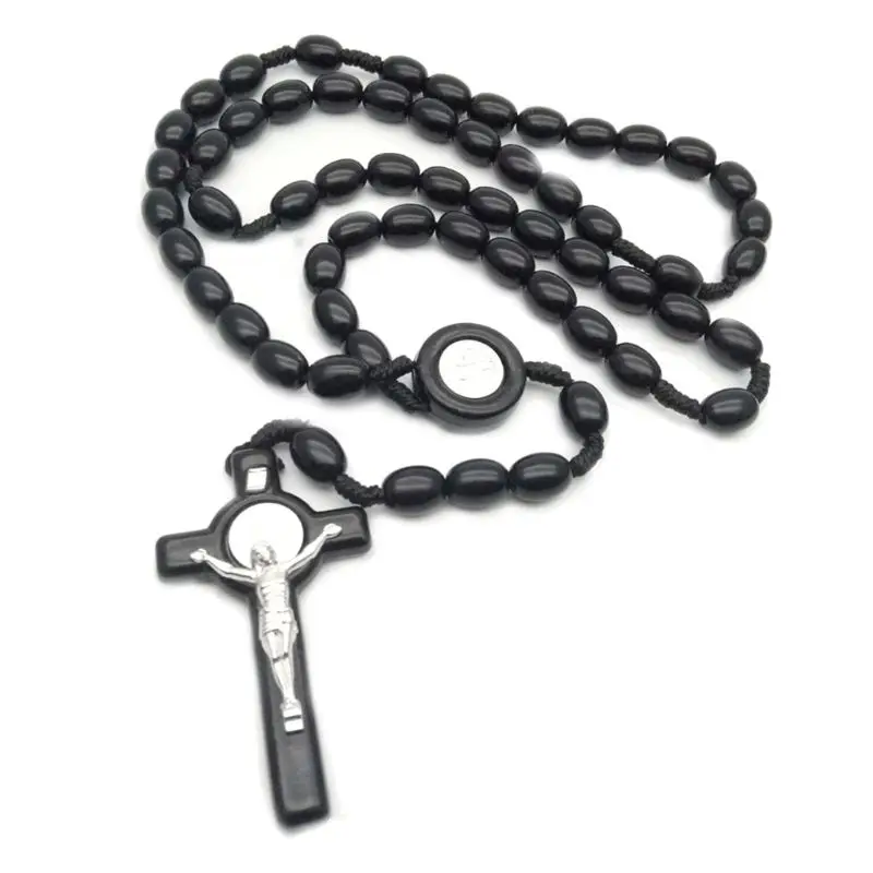 Jesus Wooden Beads 8mm Rosary Bead Cross Pendant Necklace Woven Rope Chain Jewelry Accessories E65B