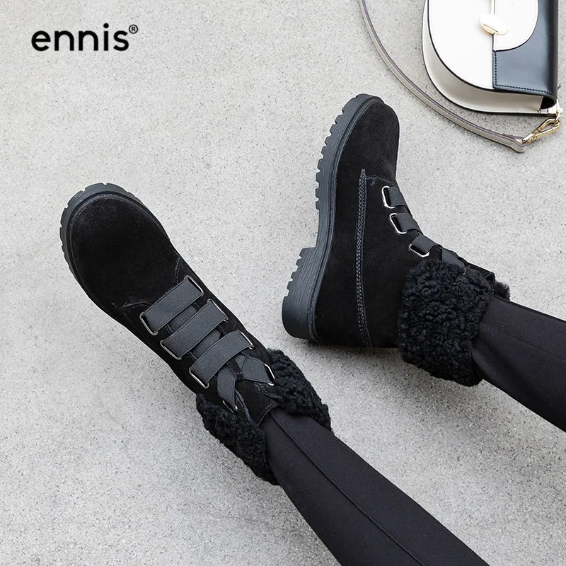 ENNIS Black Flat Boots Women Cow Suede Leather Snow Boots Winter Ankle Boots Female Warm Plush Shoes Designer Lace Up Shoe A9322