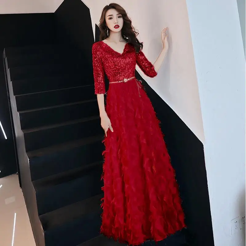 С v-образным вырезом невесты вечерние платье Для женщин блесток Cheongsam пол-Длина свадебное Ципао элегантные длинные платья Роскошные Свадебные платья Vestido S-XXL - Цвет: Burgundy - B