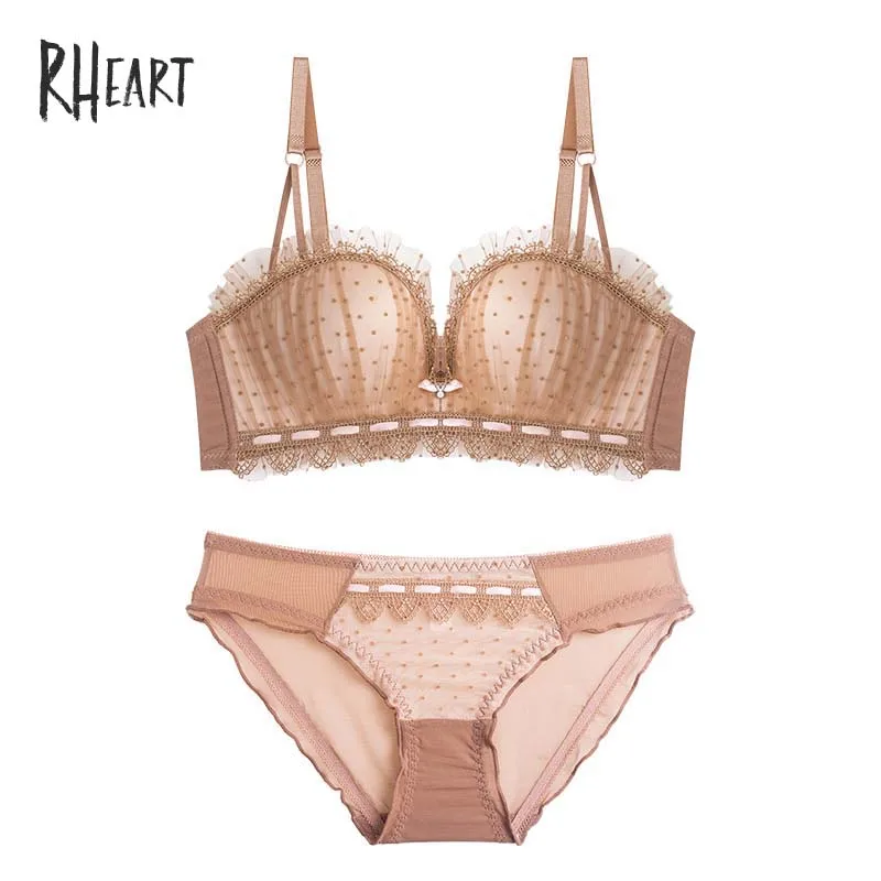 Roseheart женские модные черные белые хаки кружевные сетчатые ремни без косточек Мягкие трусики пуш-ап бюстгальтер Набор чашек A B нижнее белье - Цвет: Khaki