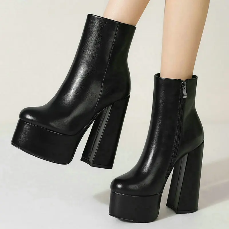 

2021 Women Ankle Boots Platform Square High Heel Ladies Motorcycle Boots Faux Leather High High Quality Women's Boots Black