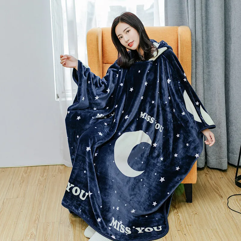 Multi-functional Flannel blanket with Sleeves solid color can be worn hood Warm in autumn and winter pink brown | Дом и сад