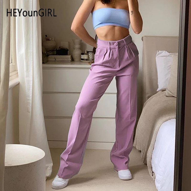 HEYounGIRL фиолетовые повседневные свободные брюки женские широкие брюки с высокой талией Капри Harajuku уличная одежда костюм брюки женские карманы