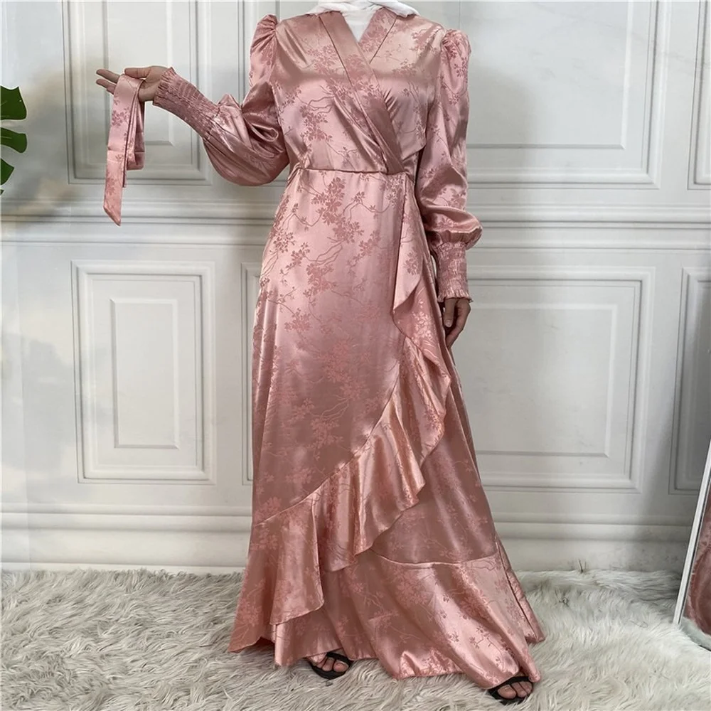 Fashion Flower Turkey Satin Abaya Muslim Women Jilbeb Kaftan Moroccan Wedding Caftan Dress Pakistani Salwar Kameez Indian Robe |