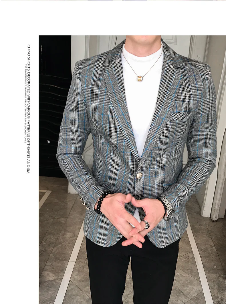 Осенние серые клетчатые блейзеры мужской костюм Slim Fit бизнес Veste Homme костюм Vestidos De Novia Мужская офисная куртка в клетку