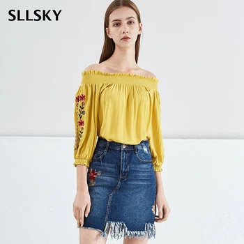 

SLLSKY Embroidery Womens Sexy Off Shoulder Long Sleeve Flower Tops Korean Style Solid Color Blouse Autumn Sweet Elegant Blouses
