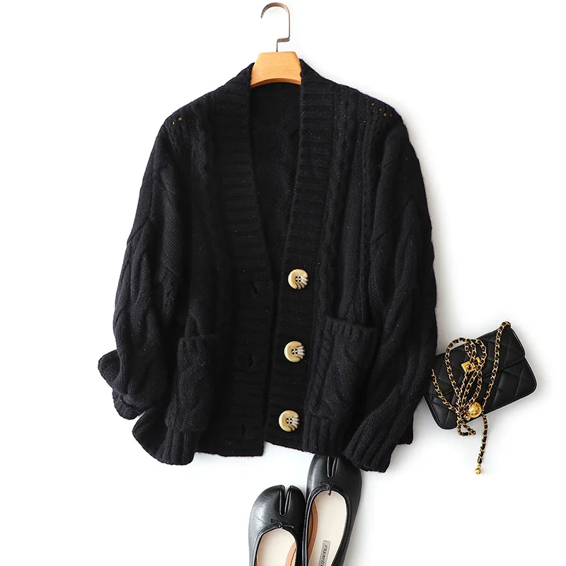 

30% Cashmer+70% Wool Thick Oversized Cardigan Women Winter Warm Single Breasted England Style Pockets V-Neck Sweater Pink