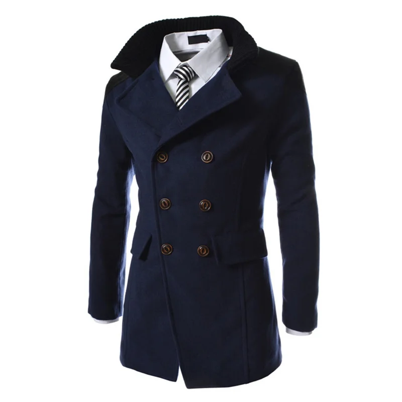 Зимний модный длинный Мужской плащ, хорошее качество, двубортный, шерсть, пальто для мужчин, чистый цвет, повседневная куртка, Размер 3XL - Цвет: Navy blue