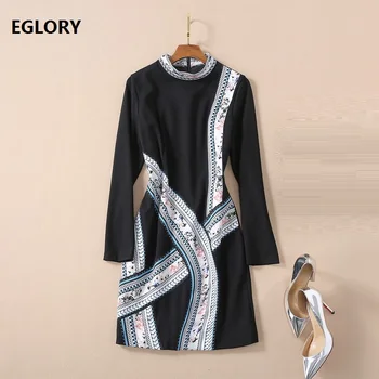

High Quality Cotton Dress 2020 Spring Summer Style Women Geometric Print Flower Patterns Long Sleeve Casual Elegant Work Dress