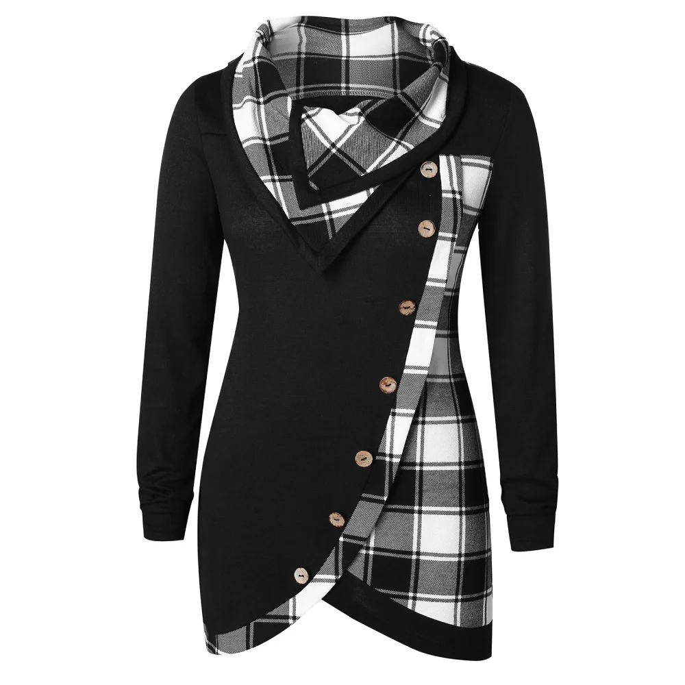 

fashion Plus Size Skew Button Plaid Spliced Tulip Front T-Shirt For Women Skew Collar Long Sleeve Casual Female Tops Autumn