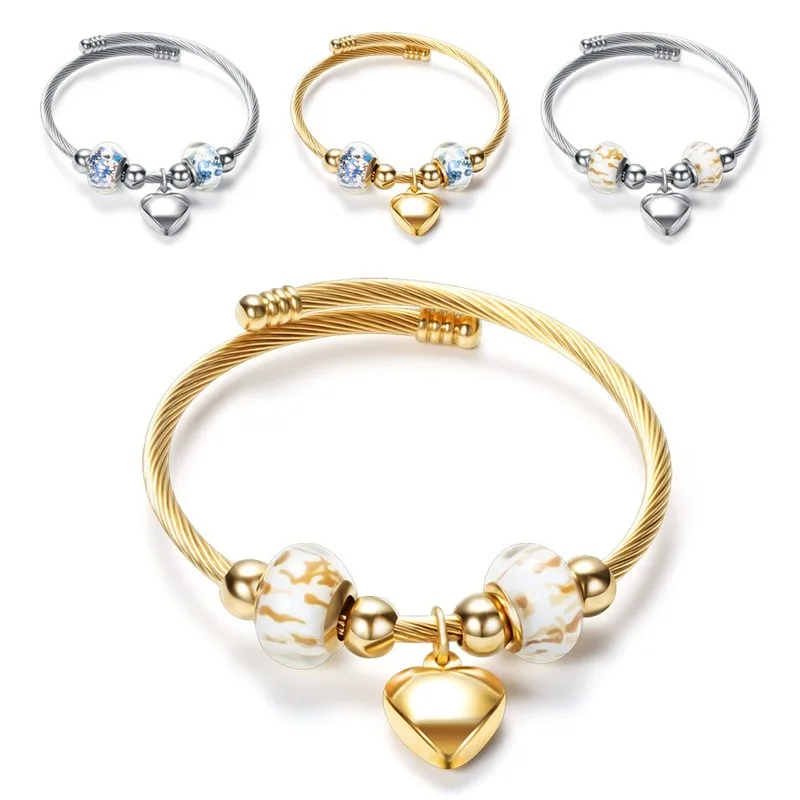

Jewelry Heart Charm Fashion Stainless Steel Triple Stackable Cable Wire Twisted Bangle Bracelets for Women