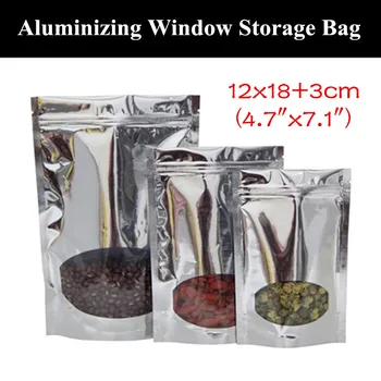 

50pcs 12x18+3cm (4.7"x7.1") 200micron Stand up Aluminizing Window Ziplock Bag Dried Fruit/Goods Pouch Grain Products Foil Bag