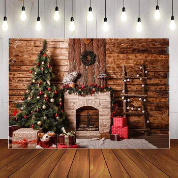 

Mehofond Merry Christmas Photography Background Christmas Tree Gift Fireplace Vintage Wooden Wall Wreath Backdrop Photo Studio