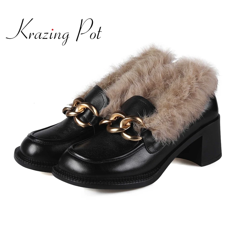 Women Round Toe Rabbit Fur Mules Backless Slipper Slide Princetown Shoes Metal 