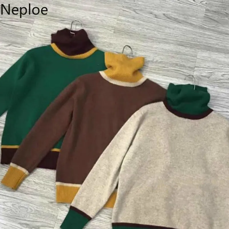 Neploe/корейский Свободный вязаный пуловер в сумасшедшем стиле, водолазка, толстая подошва, шерстяной свитер, модный пэчворк, pull femme hiver 45830
