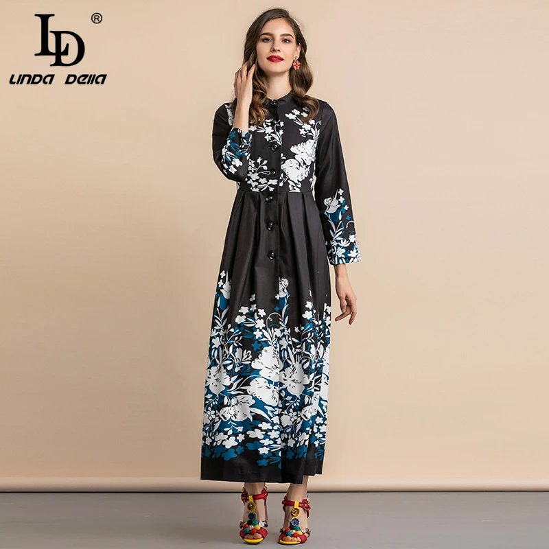 LD LINDA делла осеннее модное подиумное Макси-платье с высоким разрезом женское элегантное черное винтажное длинное платье с длинным рукавом и цветочным принтом