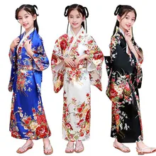 Детский японский костюм гейши для девочек, роскошное кимоно юката с поясом Obi, вечерние костюмы для выступлений, нарядное платье на Хэллоуин