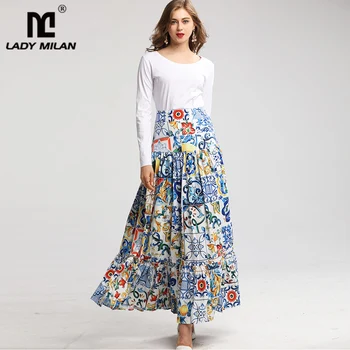 

Women's Runway Dresses Floral Printed Fashion Casual Designer Ruffles Long Skirts