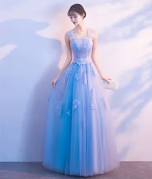 

Sexy bridesmaid Evening Dress Robe De Soiree High Quality blue Tulle With Appliques Long Evening Dresses Vestido De Festa qipao