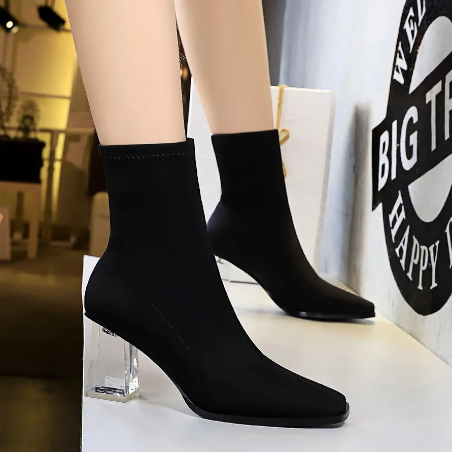 

2020 New Spring/Autumn Women Ankle Boots High Crystal Heel Square Toe Solid Fashion Sexy Ladies Women Shoes Black Short Boots