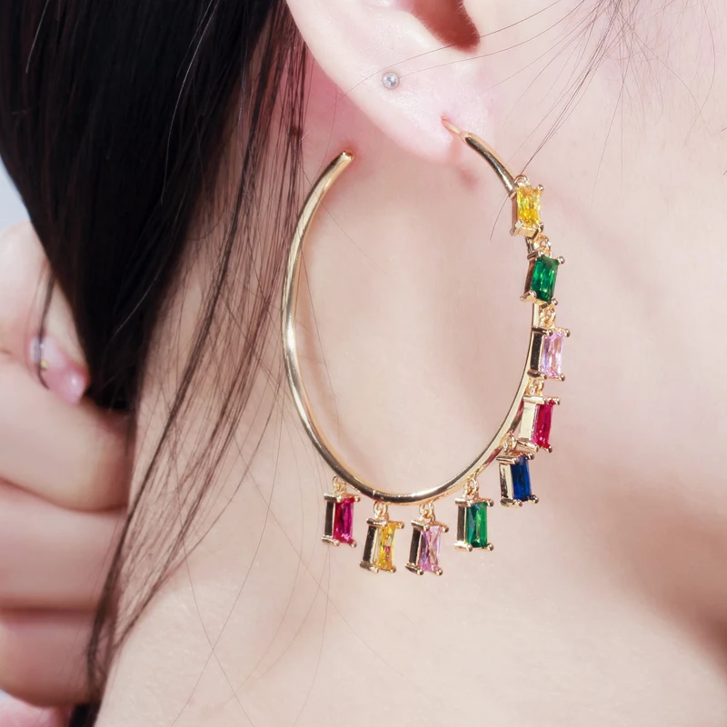 CWWZircons Large Gold Color Round Circle Pendant Hoop Dropping CZ Zircon Charm Earring Bohemia Women Fashion Jewelry CZ610