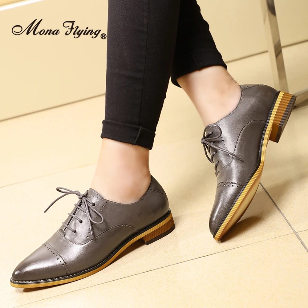 Mona Flying Women Genuine Leather Oxfords Brogue Pointed Toe Flats Comfort Hand-made Lace-up Shoes