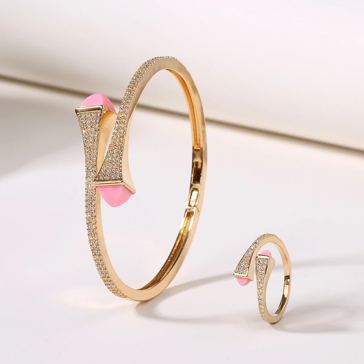 2021 New Romatic Women Fashion 2 Pcs Bracelet & Ring Set Candy color stone Simple Design Gold Open Cuff Bangle Ring Jewelry Set 