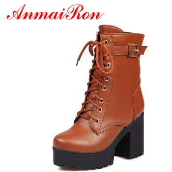 

ANMAIRON Fashion Square Heels Cool Girl Half Boots Women High Heels Winter Thicken Hunter Lace Up Platform Women Boots