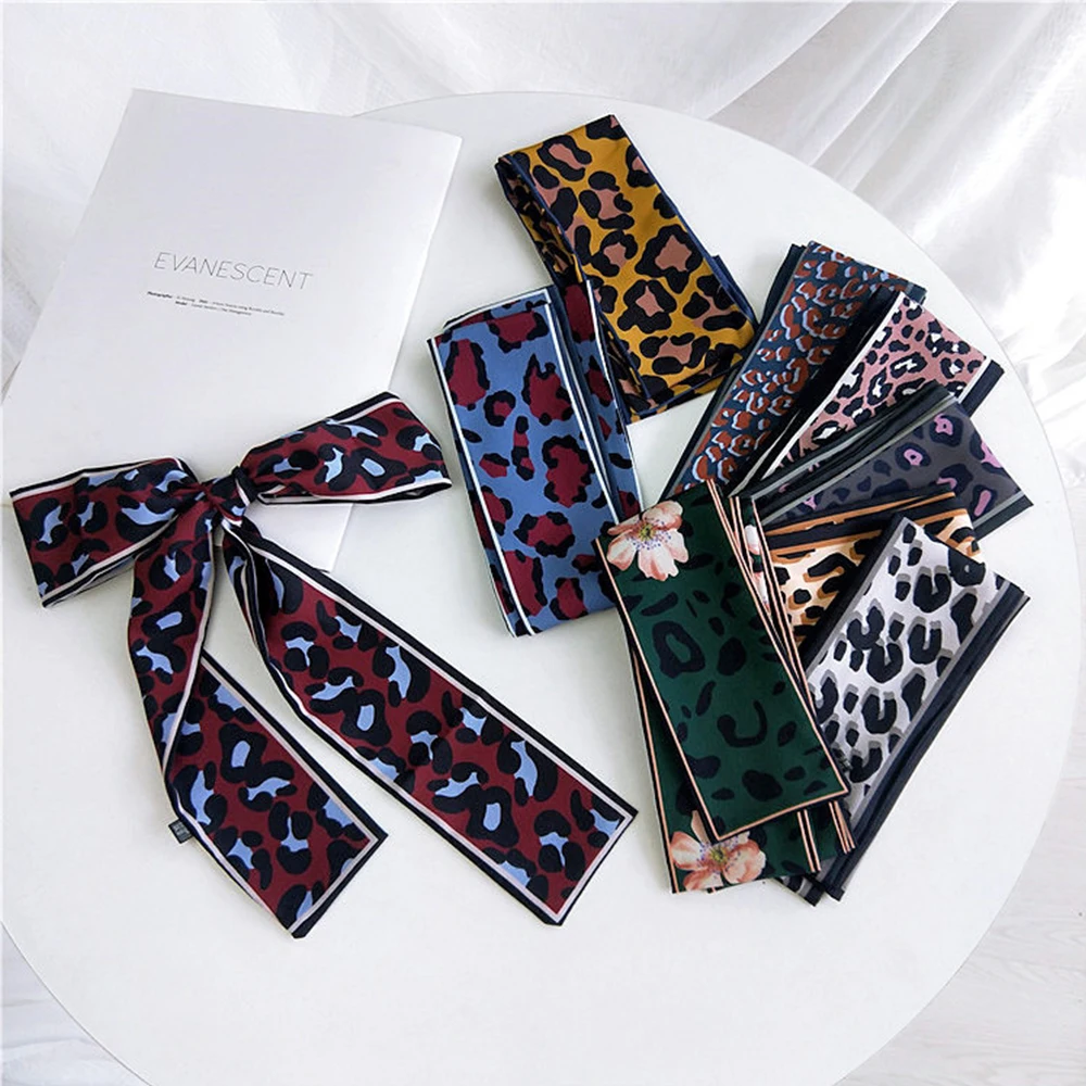 

1PC Women Scarf Skinny Silk Leopard Print Bandana Small Handle Bag Ribbons Female Neckerchief Fashion Head Scarves Wraps