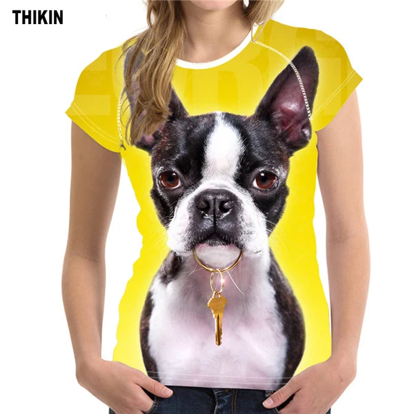THIKIN Boston Terrier, принт собаки, женская футболка, Женская забавная футболка, свежий стиль, для девочки-подростка, милый 3D рисунок животного, новинка, футболка XXL