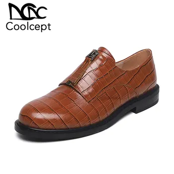 

CoolCept Women Flats Genuine Leather Casual Classics Shoes Woman Round Toe Lace Up Daily Office Work Flats Footwear Size 33-40
