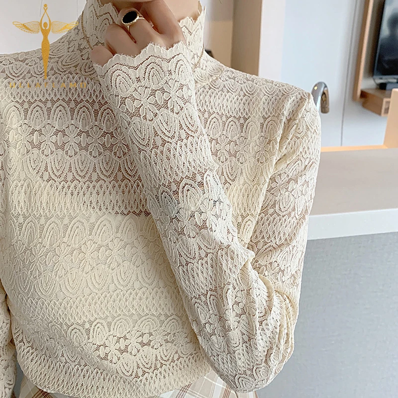 

Lace Turtleneck Women's T Shirt Hollow Out Solid Top Shirts Elegant Office Lady Long Sleeve Transparent Skinny T Shirt Femme