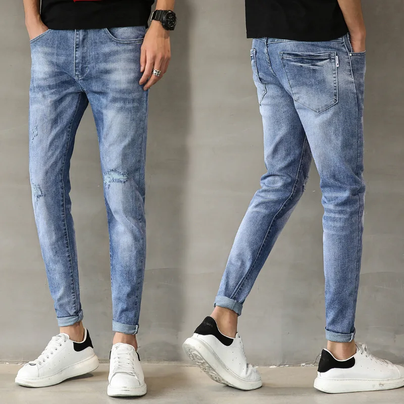 Модные однотонные джинсы для мужчин,, повседневные, тонкие, до щиколотки, джинсовые штаны, карманы, мужская одежда большого размера