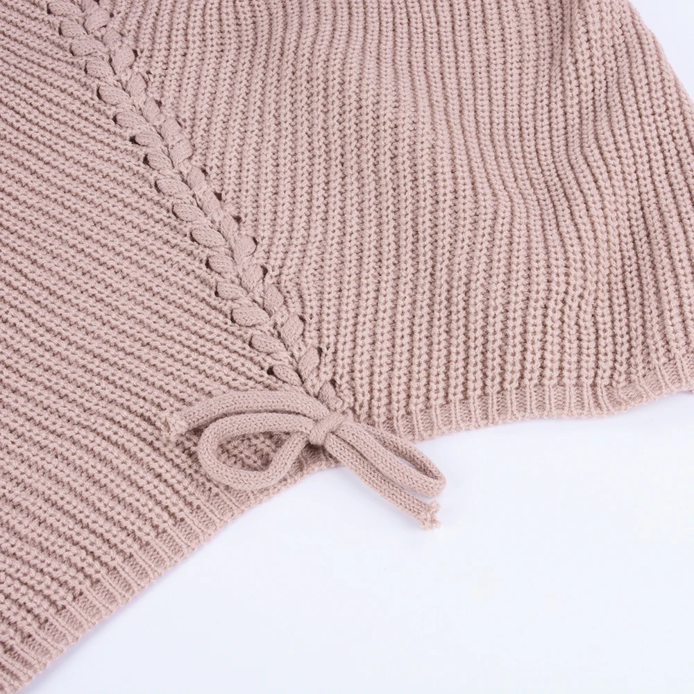 Oeak, осень, Женский вязаный свитер на шнуровке, повседневные женские пуловеры с v-образным вырезом, вязаный джемпер, теплый зимний женский Однотонный свитер