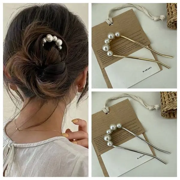 2021 U Shape Pearl U Shape Hair Stick Simple Alloy Hair Clip Grips Tool