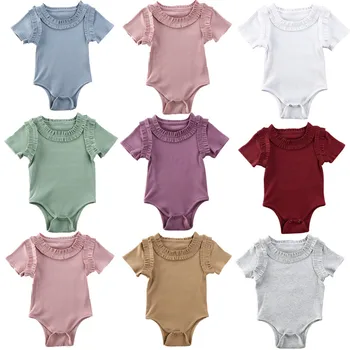 

Summer Cotton Casual Newborn Baby Clothes Bodysuits Solid Striped Ruffled Ribbed Jumpsuits Toddler Infant Short Sleeve Sunsuit