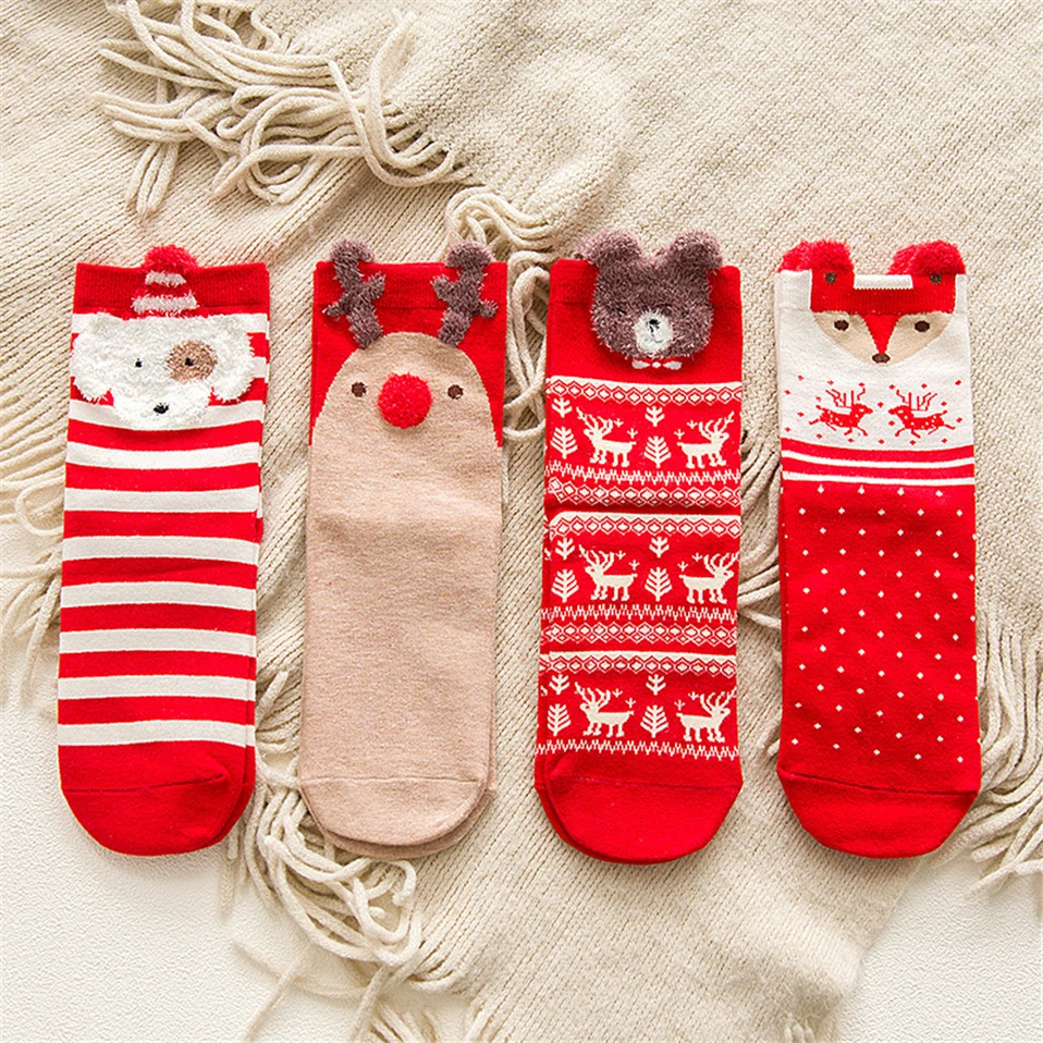 Лидер продаж, 1 пара женских Хлопковых Носков, Рождественские Носки с рисунком Красной собаки, лося, медведя, лисы на весну, осень, зиму, рождественский подарок, милые носки