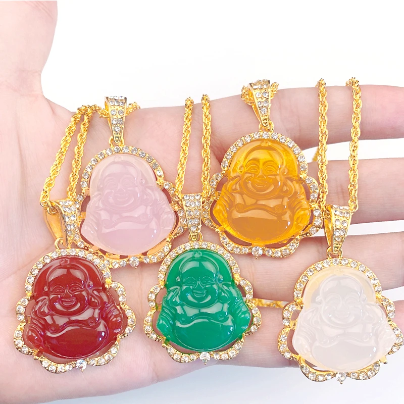 

Fashionable Natural Stone Maitreya Pendant Necklace Inlaid with Crystal Zircon Women's Elegant Charm Lucky Amulet Jewelry Gift