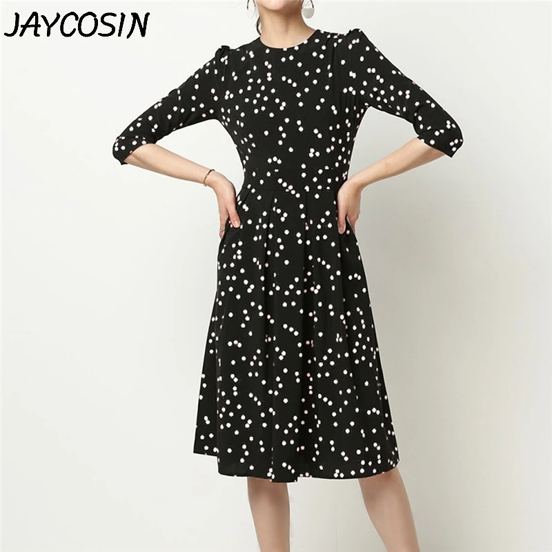 JAYCOSIN, женское платье в горошек с круглым вырезом, рукав три четверти, Драпированное длинное платье, Осеннее повседневное шифоновое платье трапециевидной формы для вечеринок, Veatidos