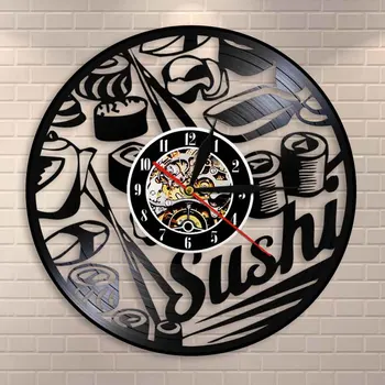 

Japanese Foodie Sushi Roll Wall Clock Sashimi Sushi Bar Vintage Vinyl Record Wall Clock Sushi Party Janpanese Gourmet Wall Decor