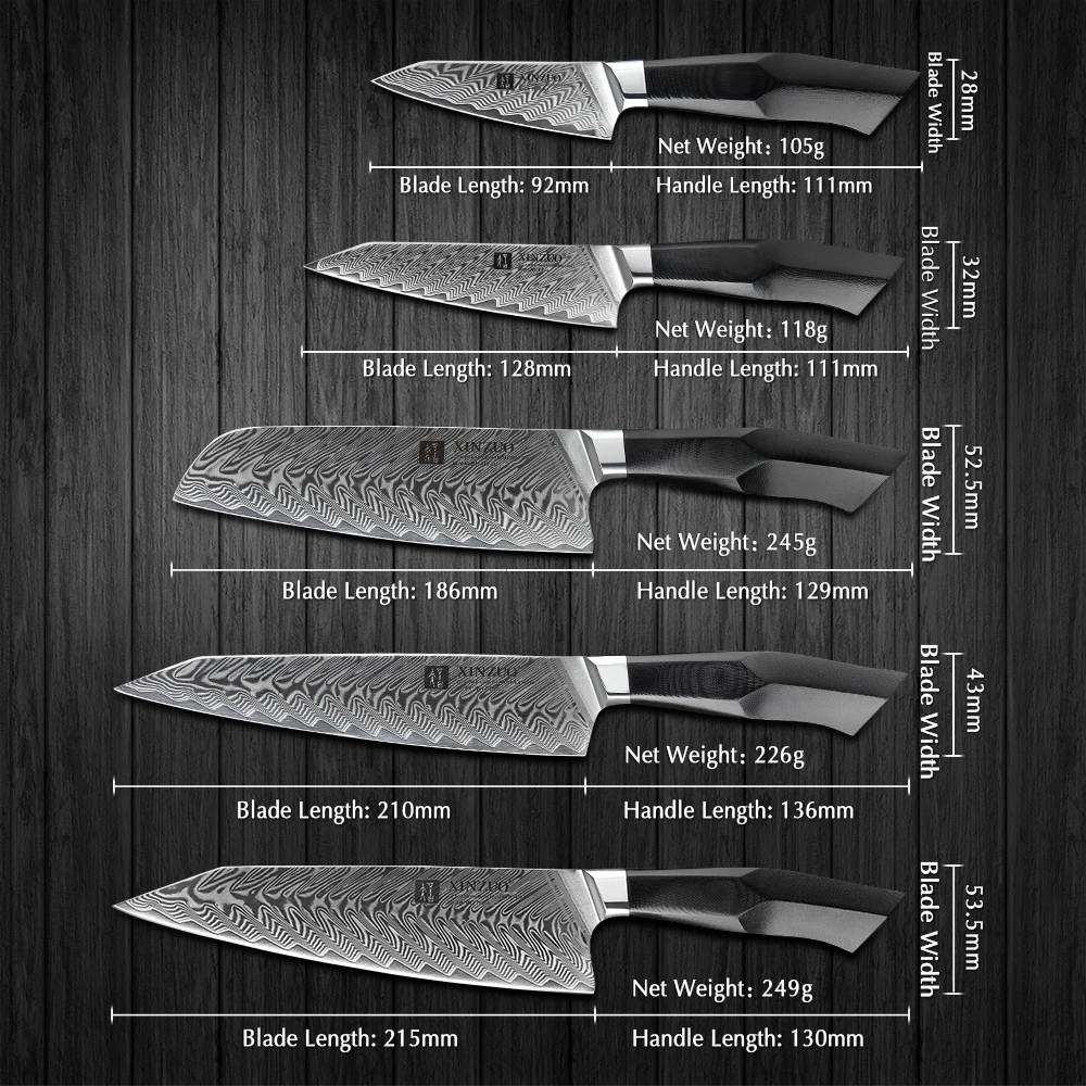 XINZUO 5 Pcs Kitchen Knife Set 67 layers Damascus Steel Santoku Cleaver Chef  Knives with G10 Handle Professional Chef's Tools