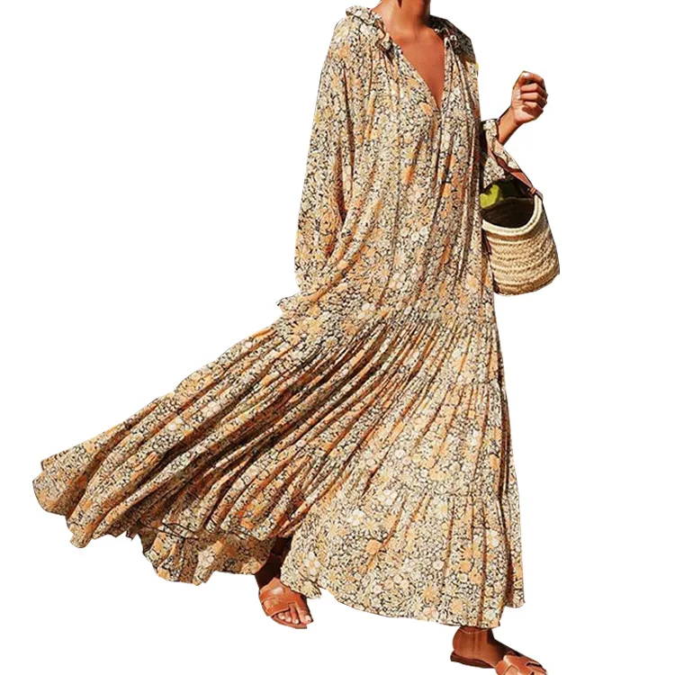 New Cheap mDQXL vintage print maxi dress elegant 2020 spring long sleeve loose boho dress Ladies fashion V neck plus size dresses rode vestdios New Cheap mDQXL vintage print maxi dress elegant 2020 spring long sleeve loose boho dress Ladies fashion V neck plus size dresses rode vestdios