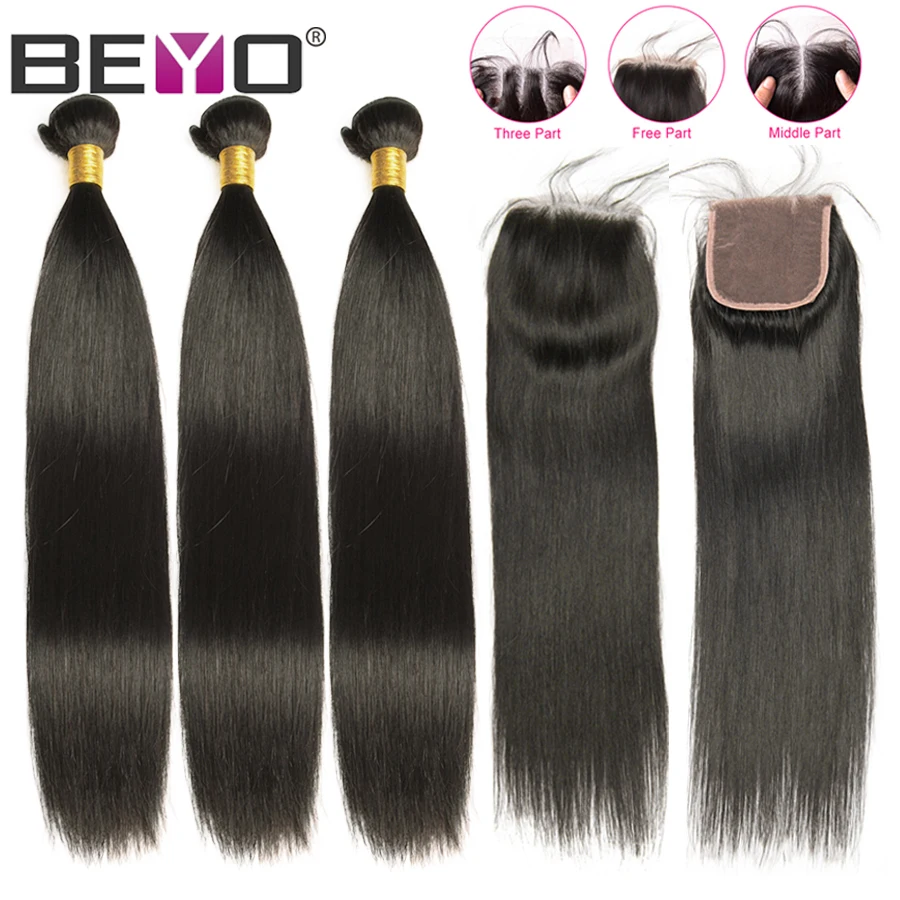 

Straight Hair Bundles With Closure 100% Peruvian Hair Bundles 4 Pcs Non Remy Human Hair Bundles With Closure Beyo Hair