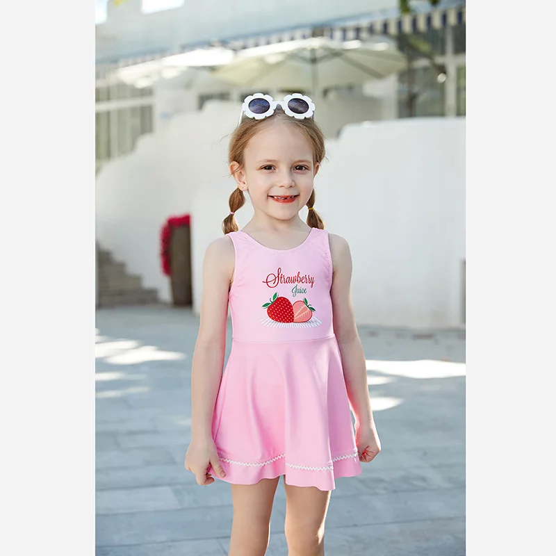 

2019 New Style Miss Sunshine KID'S Swimwear Fashion Cartoon Strawberry Pattern Medium-small Girls Dress-Swimwear